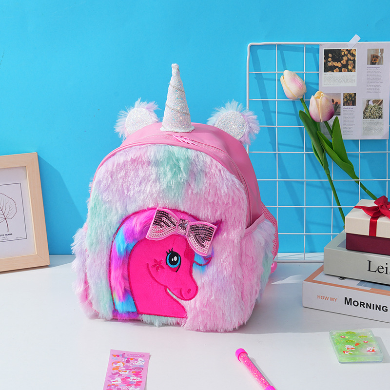 Jauna multfilmas krāsaina vienradža plīša soma izsmalcināta bantīšu izšuvuma modes mugursoma platjoslas dekompresijas mugursoma