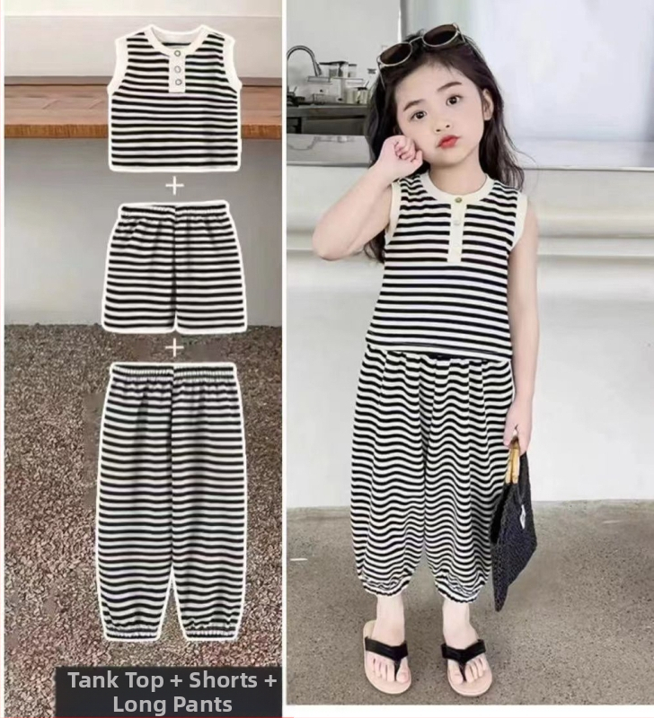 Dievčenský štýlový oblek, detský letný kórejský štýl, ležérne nohavice, módny dvojdielny oblek, detské oblečenie bez rukávov, letné oblečenie