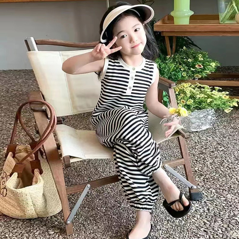 Dievčenský štýlový oblek, detský letný kórejský štýl, ležérne nohavice, módny dvojdielny oblek, detské oblečenie bez rukávov, letné oblečenie