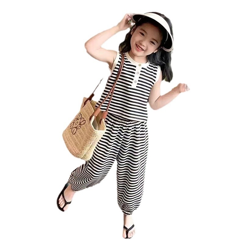 Dievčenský štýlový oblek, detský letný kórejský štýl, ležérne nohavice, módny dvojdielny oblek, detské oblečenie bez rukávov, letné oblečenie