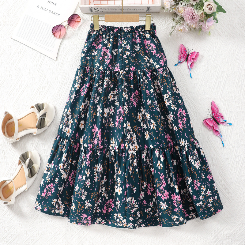 Naujas mergaitiškas gėlėmis margintas sijonas su skersiniais kraštais – plaukų karta