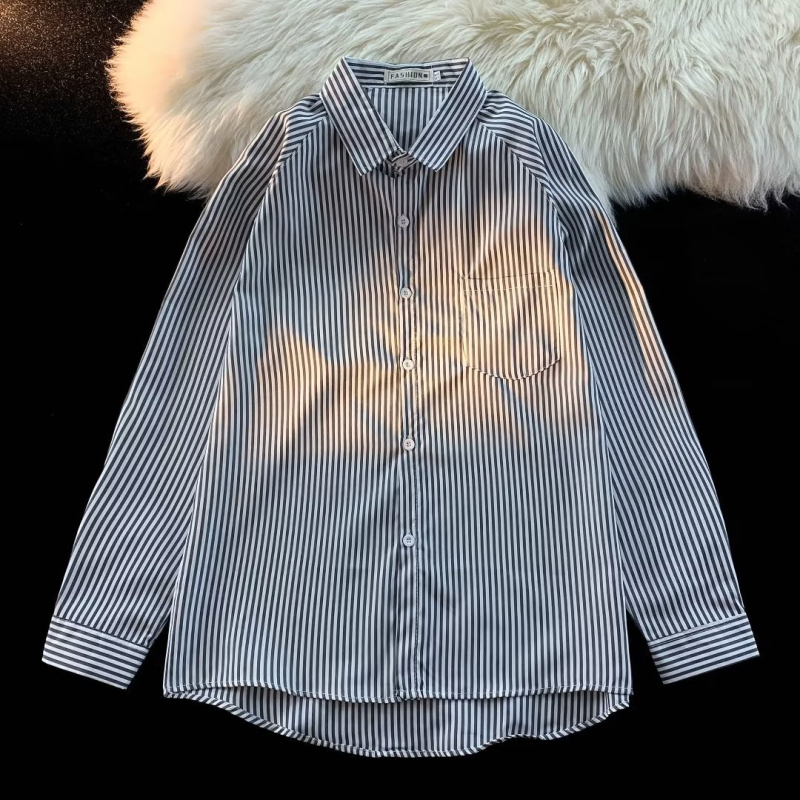 Pánske modré pruhované tričko s dlhým rukávom, jesenné tričko so soľnou základňou, palcové tričko, ležérny kabát, pánsky kabát, generácia vlasov