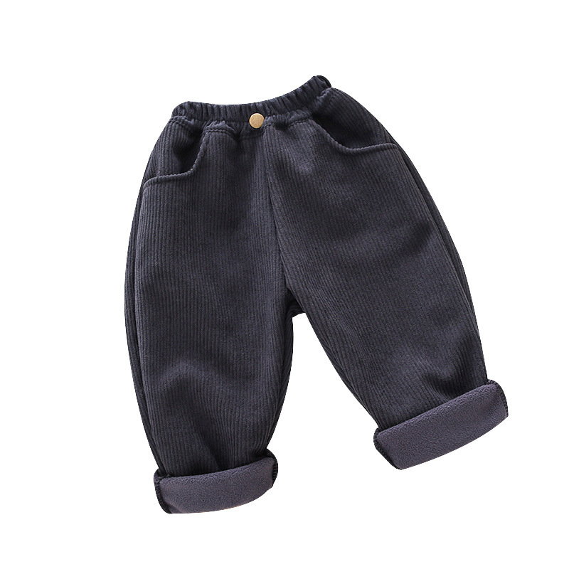 Chlapčenské zimné nohavice s flísovou podšívkou 2025, detské manšestrové štýlové zahustené jesenné a zimné integrované flísové ležérne nohavice pre malé deti