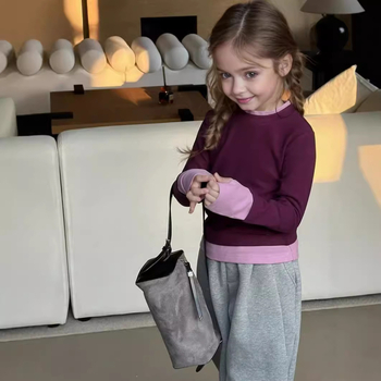 Djevojačka odjeća u korejskom stilu za proljeće 2025. Nova dječja rastezljiva majica dugih rukava s imitacijom tkanine, dvodijelni top s blokovima boja, moderna