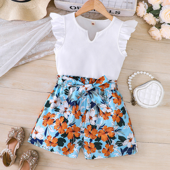 Detské oblečenie pre stredné a veľké deti, nové dievčenské letné módne krátke rukávy s potlačou, oblek DTZ1042-C