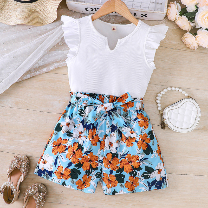 Detské oblečenie pre stredné a veľké deti, nové dievčenské letné módne krátke rukávy s potlačou, oblek DTZ1042-C