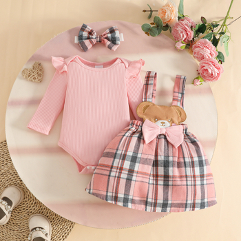 Ευρωπαϊκό και αμερικανικό μωρό φθινόπωρο και χειμώνας Pit strip μακρυμάνικο τρίγωνο Harper τόξο καρό αρκούδα φούστα κούκλα τιράντες τιράντες κοστούμι μαλλιών τιράντες