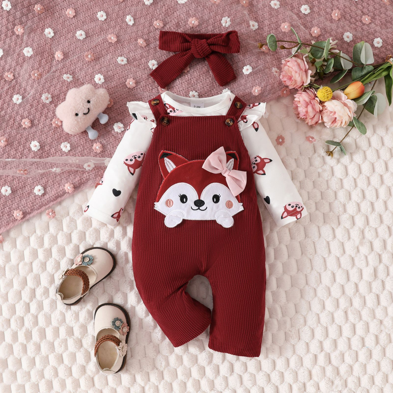 Amazon Baby Cute Fox Love Pattern Long Sleeve Trokutasto korduroy odijelo s mašnom na naramenicama