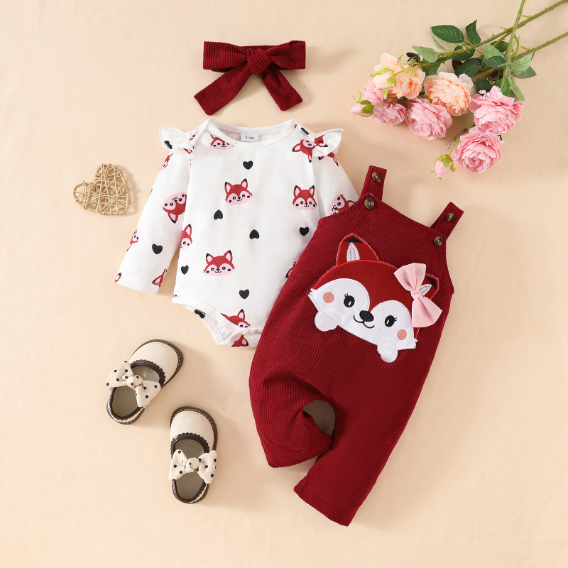 Amazon Baby Cute Fox Love Pattern Long Sleeve Trokutasto korduroy odijelo s mašnom na naramenicama