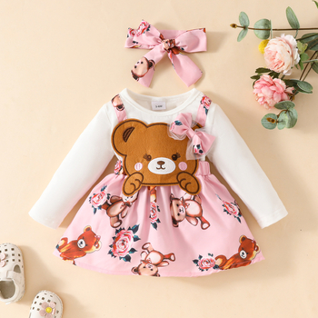 Európske a americké jesenné šaty s dlhým rukávom pre dievčatká 0-1 rok, roztomilé medvedíky, bábiky, šaty s falošným ramienkom, vlasový remienok