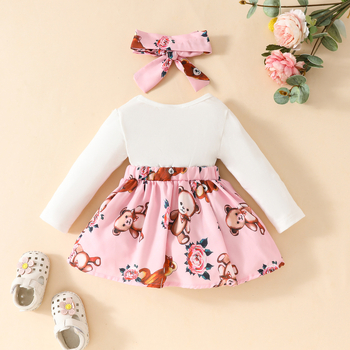 Európske a americké jesenné šaty s dlhým rukávom pre dievčatká 0-1 rok, roztomilé medvedíky, bábiky, šaty s falošným ramienkom, vlasový remienok