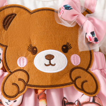 Európske a americké jesenné šaty s dlhým rukávom pre dievčatká 0-1 rok, roztomilé medvedíky, bábiky, šaty s falošným ramienkom, vlasový remienok