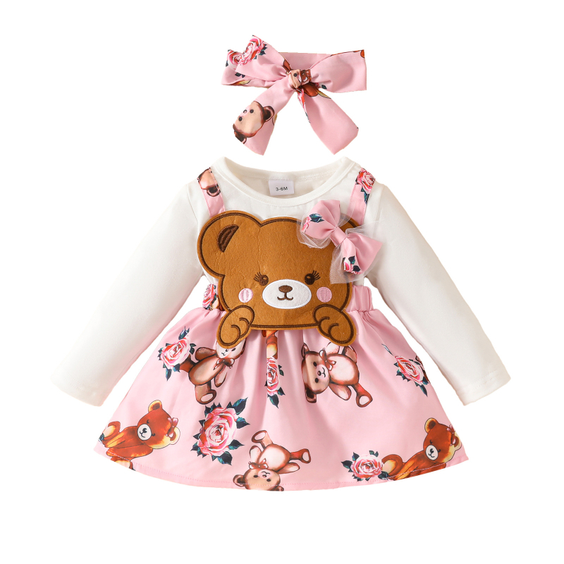 Európske a americké jesenné šaty s dlhým rukávom pre dievčatká 0-1 rok, roztomilé medvedíky, bábiky, šaty s falošným ramienkom, vlasový remienok