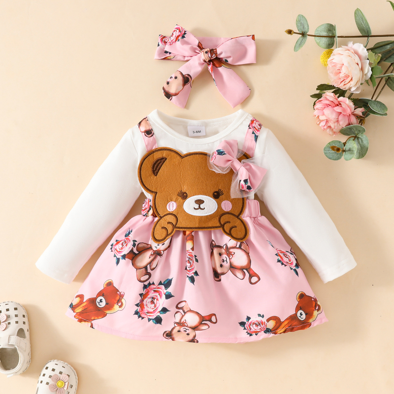 Európske a americké jesenné šaty s dlhým rukávom pre dievčatká 0-1 rok, roztomilé medvedíky, bábiky, šaty s falošným ramienkom, vlasový remienok