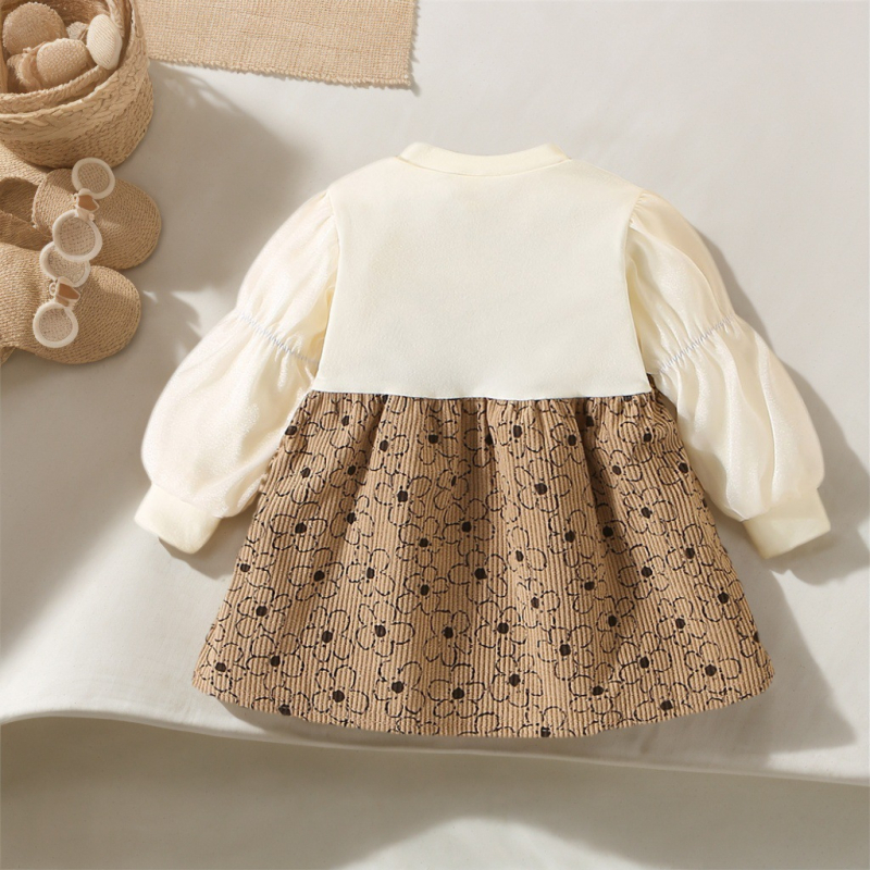 Rochie de toamnă nouă pentru fete, cu imprimeu floral și cusut, cu mânecă lungă, pentru fete, în stil coreean, falsă, din două piese