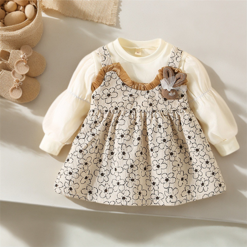 Rochie de toamnă nouă pentru fete, cu imprimeu floral și cusut, cu mânecă lungă, pentru fete, în stil coreean, falsă, din două piese