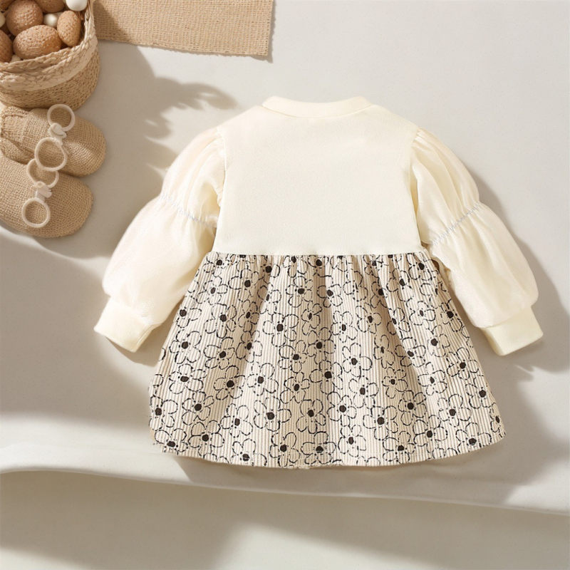 Rochie de toamnă nouă pentru fete, cu imprimeu floral și cusut, cu mânecă lungă, pentru fete, în stil coreean, falsă, din două piese