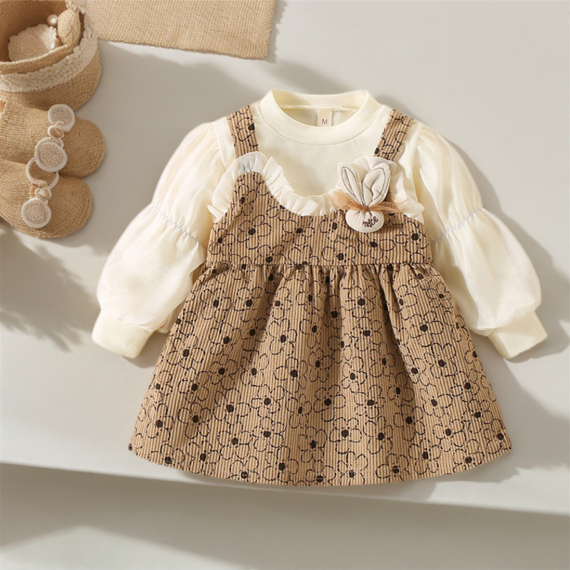 Rochie de toamnă nouă pentru fete, cu imprimeu floral și cusut, cu mânecă lungă, pentru fete, în stil coreean, falsă, din două piese