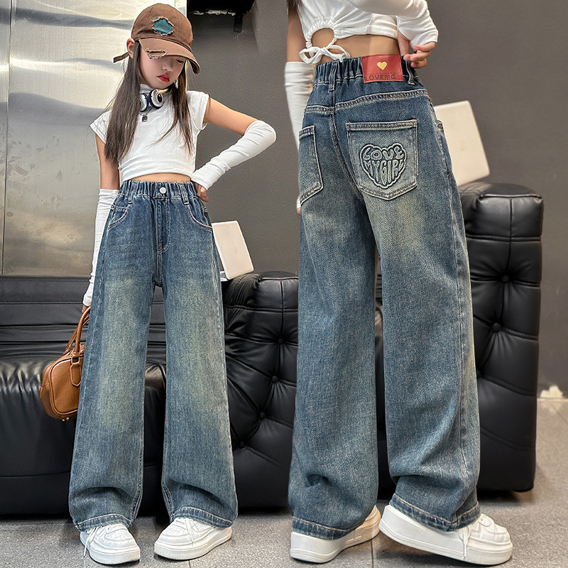 Blugi pentru fete de primăvară și toamnă, Pantaloni drepți la modă pentru fete de primăvară și toamnă, Pantaloni lungi casual cu picior larg pentru copii