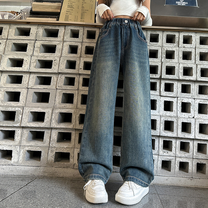 Tüdrukute kevad- ja sügisteksad, Moodsad tüdrukute kevad- ja sügismoekad sirged püksid, Laste vabaaja laiad pikad püksid