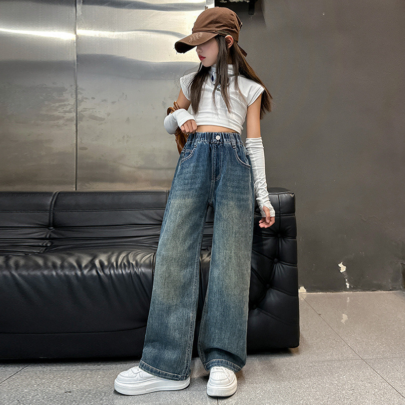 Tüdrukute kevad- ja sügisteksad, Moodsad tüdrukute kevad- ja sügismoekad sirged püksid, Laste vabaaja laiad pikad püksid