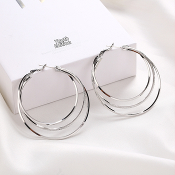 Многослойни 2024 Нови модерни сребърни иглени големи обеци халки Есен и зима Елегантни висок клас Богиня Стил Преувеличени Обеци Кръг