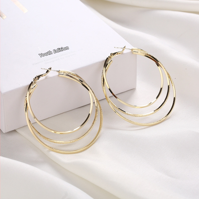 Многослойни 2024 Нови модерни сребърни иглени големи обеци халки Есен и зима Елегантни висок клас Богиня Стил Преувеличени Обеци Кръг