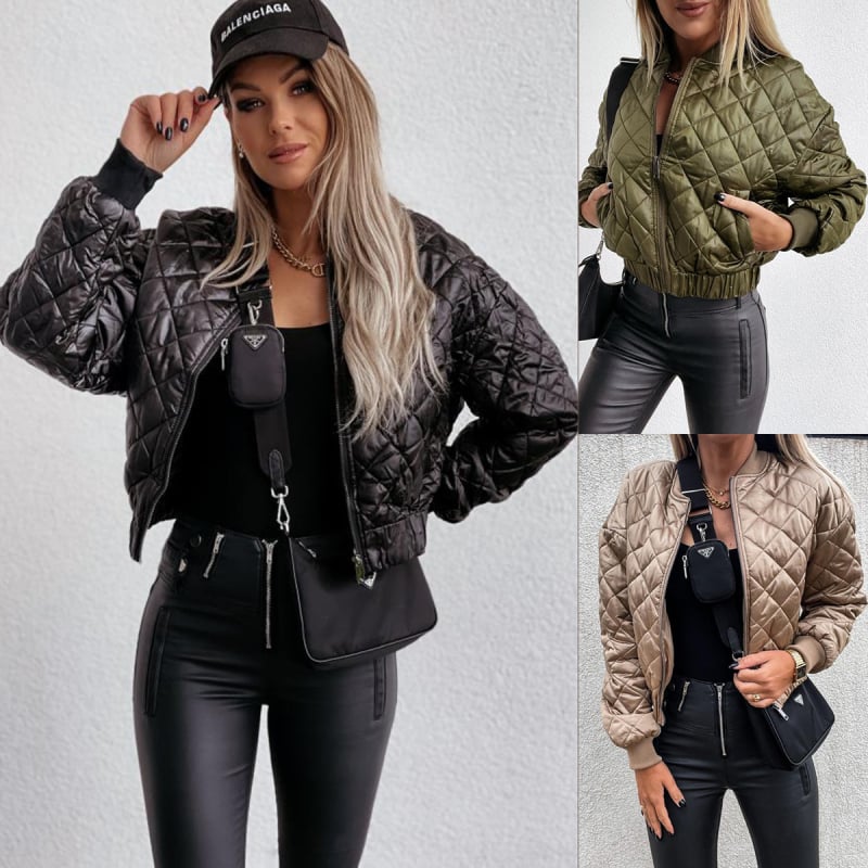 Jachetă scurtă cu fermoar, de culoare solidă, pentru toamnă și iarnă, de la Amazon, la modă europeană și americană, cu bumbac căptușit