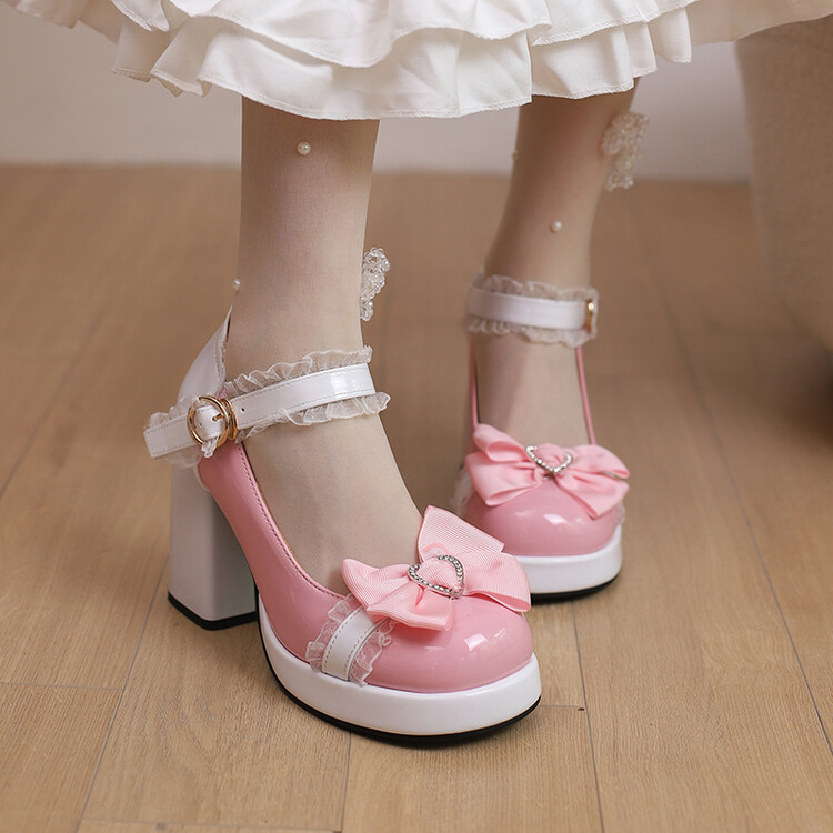 Női édes Lolita lakkbőr csattal, aranyos masnival díszített Mary Jane cipők, japán hercegnős szerepjáték
