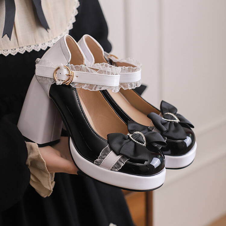 Női édes Lolita lakkbőr csattal, aranyos masnival díszített Mary Jane cipők, japán hercegnős szerepjáték
