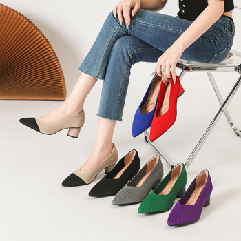 Princeza, ženske visoke pete, debele pete, nove, špicaste, s V-ustima, ravnim uzorkom, čiste boje, svestrane, francuske djevojačke cipele, moderne i svestrane