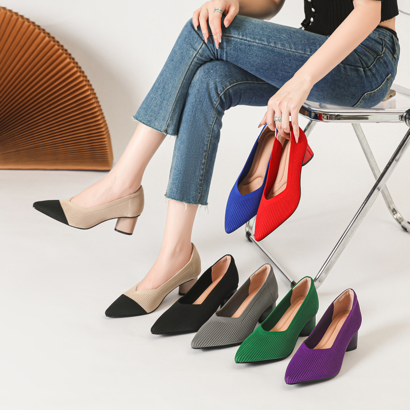 Princeza, ženske visoke pete, debele pete, nove, špicaste, s V-ustima, ravnim uzorkom, čiste boje, svestrane, francuske djevojačke cipele, moderne i svestrane