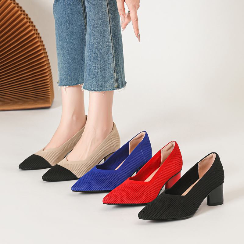 Princeza, ženske visoke pete, debele pete, nove, špicaste, s V-ustima, ravnim uzorkom, čiste boje, svestrane, francuske djevojačke cipele, moderne i svestrane