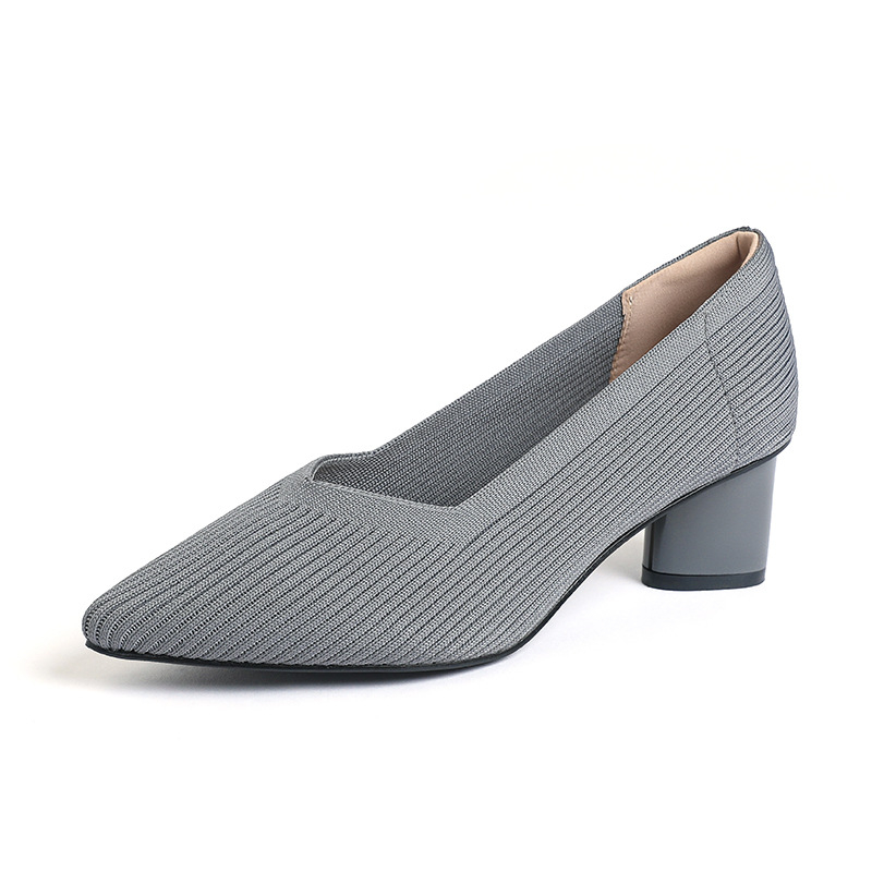 Princeza, ženske visoke pete, debele pete, nove, špicaste, s V-ustima, ravnim uzorkom, čiste boje, svestrane, francuske djevojačke cipele, moderne i svestrane