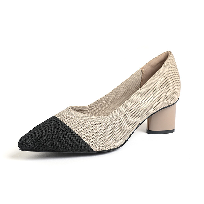 Princeza, ženske visoke pete, debele pete, nove, špicaste, s V-ustima, ravnim uzorkom, čiste boje, svestrane, francuske djevojačke cipele, moderne i svestrane