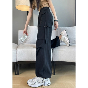 H8A Черен американски гащеризон, дамски тънък, 2024, нов, хип-хоп, висока талия, широки крачоли, свободни, ежедневни, за отслабване, спортни