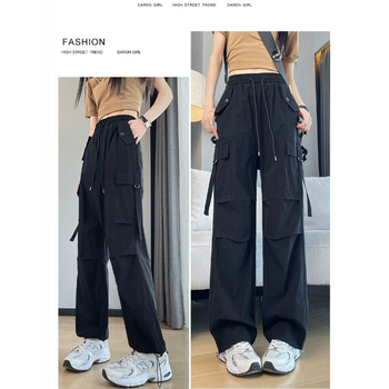 H8A Черен американски гащеризон, дамски тънък, 2024, нов, хип-хоп, висока талия, широки крачоли, свободни, ежедневни, за отслабване, спортни