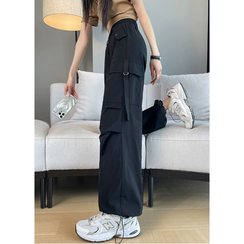 H8A Čierne overaly v americkom štýle Dámske tenké 2024 Nové hip-hopové vysoké pásy Široké nohavice Voľné ležérne zoštíhľujúce športové