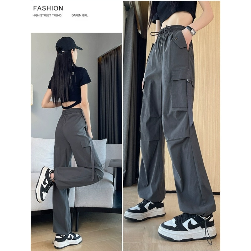 H8A Čierne overaly v americkom štýle Dámske tenké 2024 Nové hip-hopové vysoké pásy Široké nohavice Voľné ležérne zoštíhľujúce športové