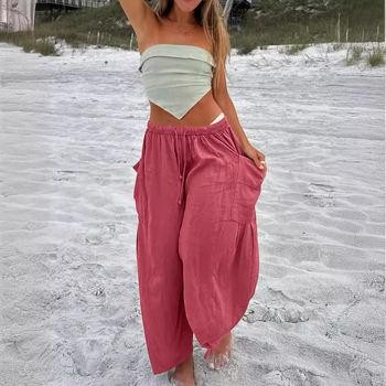 Пролетни Amazon европейски и американски ежедневни памучни и ленени панталони за жени с еластична талия, плисирани с висока талия и широки крачоли, свободни ежедневни панталони