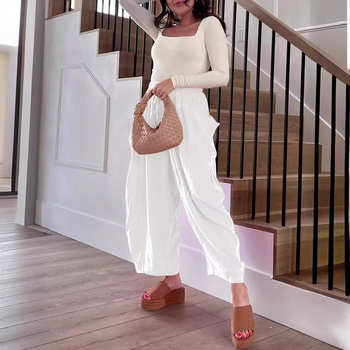 Пролетни Amazon европейски и американски ежедневни памучни и ленени панталони за жени с еластична талия, плисирани с висока талия и широки крачоли, свободни ежедневни панталони