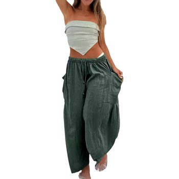 Пролетни Amazon европейски и американски ежедневни памучни и ленени панталони за жени с еластична талия, плисирани с висока талия и широки крачоли, свободни ежедневни панталони
