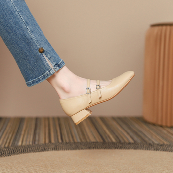 Γυναικεία παπούτσια Mary Jane με τετράγωνη μύτη και ένα λουράκι Temperament 2024, άνοιξη και φθινόπωρο, νέο στυλ, γνήσια δερμάτινα, ρηχά, χοντρά, μεσαίου μεγέθους τακούνι, φλατ παπούτσια γάμου