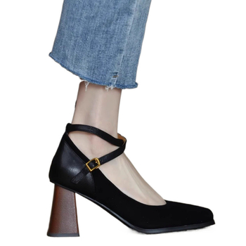 Γυναικεία παπούτσια Mary Jane με τετράγωνο τακούνι, φθινόπωρο και χειμώνας 2024, νέα, παγωμένα δερμάτινα παπούτσια Mary Jane με χοντρό τακούνι και σταυρωτή αγκράφα