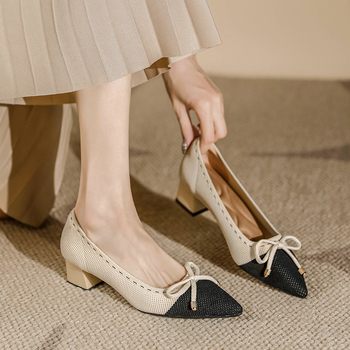 Japán stílusú hercegnői cipők 2024 tavaszi és nyári, masnival díszített, szőtt, sekély szájú, lélegző, hegyes orrú, vastag sarokkal, magas sarkú nőknek