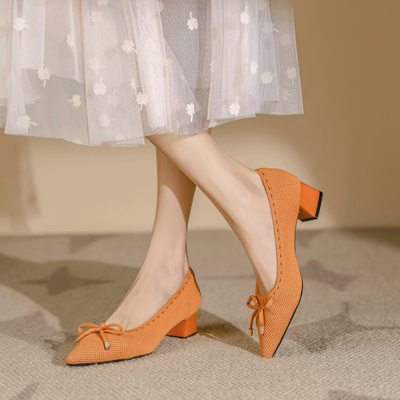Japán stílusú hercegnői cipők 2024 tavaszi és nyári, masnival díszített, szőtt, sekély szájú, lélegző, hegyes orrú, vastag sarokkal, magas sarkú nőknek