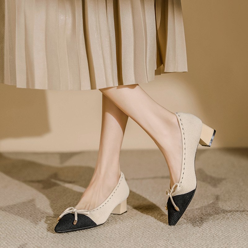 Japán stílusú hercegnői cipők 2024 tavaszi és nyári, masnival díszített, szőtt, sekély szájú, lélegző, hegyes orrú, vastag sarokkal, magas sarkú nőknek