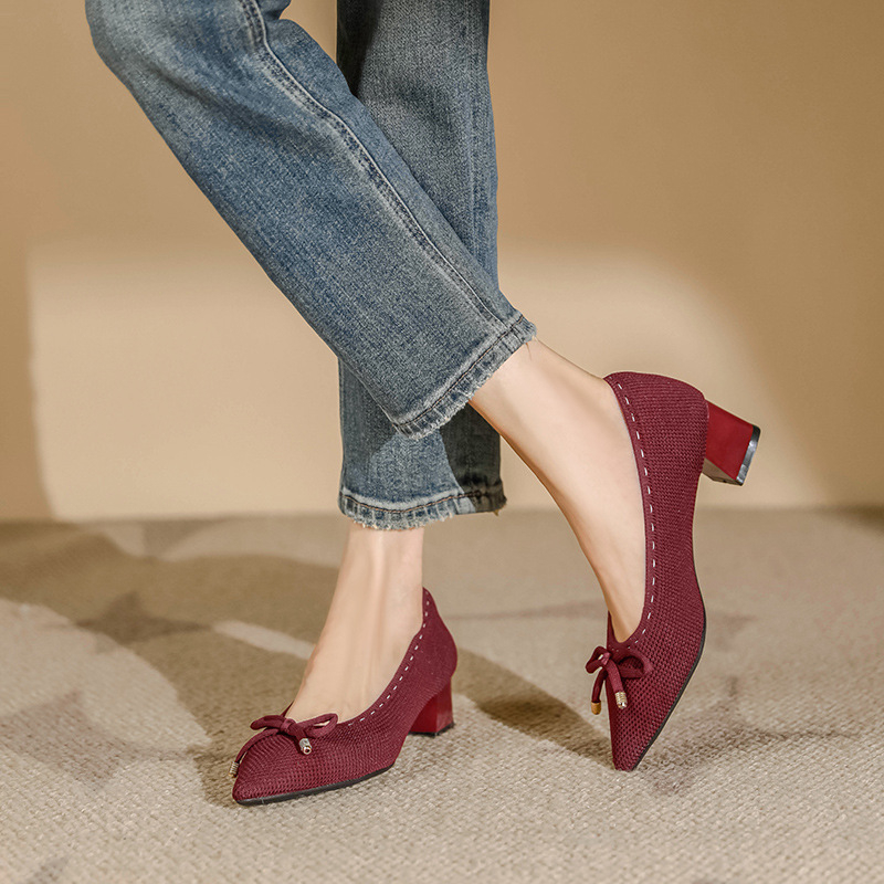 Japán stílusú hercegnői cipők 2024 tavaszi és nyári, masnival díszített, szőtt, sekély szájú, lélegző, hegyes orrú, vastag sarokkal, magas sarkú nőknek