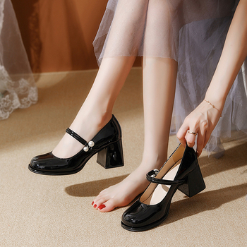 Dámske topánky French Mary Jane Plus Size 4341 s okrúhlou špičkou a vysokým krátkym hrubým podpätkom, malé, univerzálne, jemné, vysoké podpätky