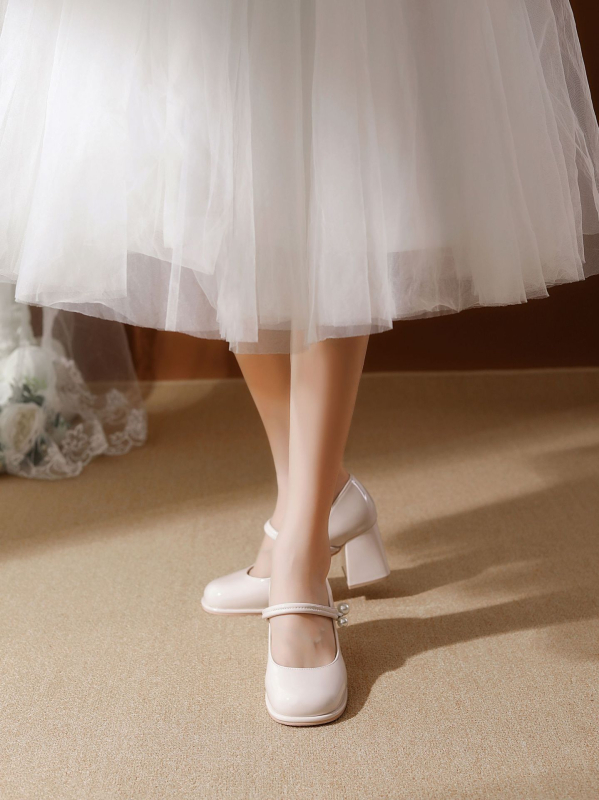 Dámske topánky French Mary Jane Plus Size 4341 s okrúhlou špičkou a vysokým krátkym hrubým podpätkom, malé, univerzálne, jemné, vysoké podpätky